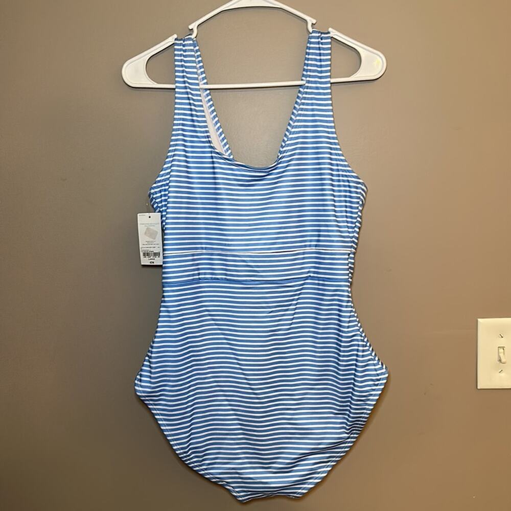 Outdoor Oasis Women’s One Piece Medium Coverage Blue White Striped Swimsuit - Picture 6 of 6